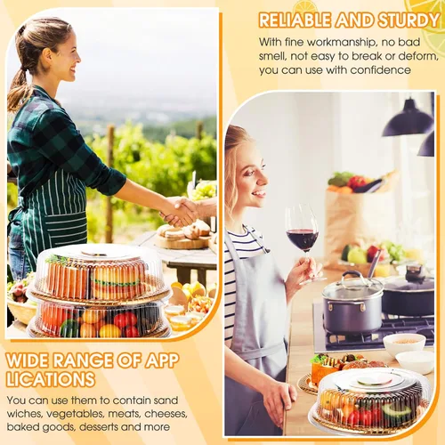 Vista 6 de Nitial 12 Piezas Bandejas de Servicio Resistentes con Tapa Transparente, Bandejas Redondas Elegantes Doradas para Catering Desechables Platos
