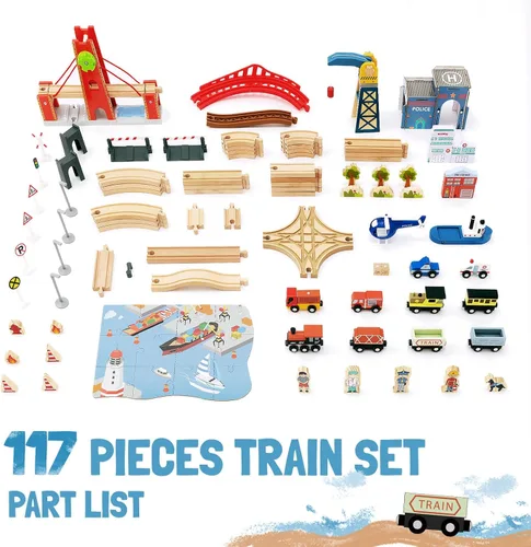 Vista 4 de Giant bean Juego de 117 piezas de tren Busy Port City para niños, juego de vías de tren de madera ampliables y cambiables, juguete grande de Navidad