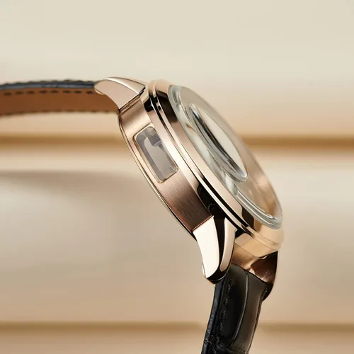 Vista 6 de OBLVLO Relojes de lujo de oro rosa para hombre esfera de esqueleto relojes automáticos correa de cuero VM-1