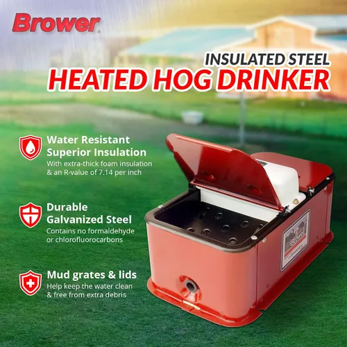 Vista 2 de Brower Agua eléctrica de cerdo calentada de acero galvanizado con tapa y rejillas de lodo para 150 cerdos, color rojo