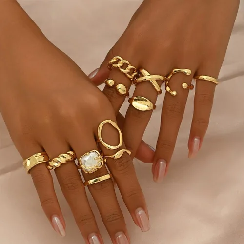 Vista 3 de Juego de anillos de nudillos apilables de oro grueso vintage, delicados, geométricos, cúpula, hippie, paquete de anillos abiertos para mujeres, punk