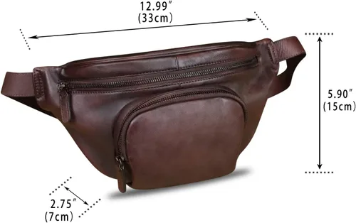 Vista 5 de Riñonera de cuero genuino para mujeres y hombres, bolso cruzado de cuero real vintage, bolso cruzado de moda para la cintura, Café, Riñonera