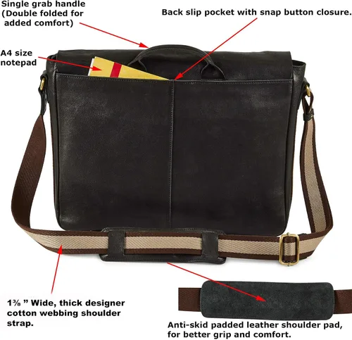 Vista 5 de Bolso de cuero real para computadora portátil, para hombres y mujeres, estilo vintage, estilo mensajero, bolso de hombro hasta 16 pulgadas