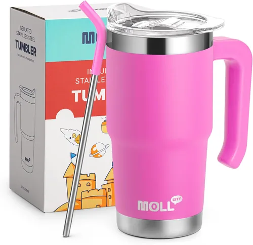 Vista 18 de Vaso de 16 onzas con asa, reutilizable, de acero inoxidable, aislado al vacío, con tapa y pajilla, para mujeres y niñas (verde manzana)