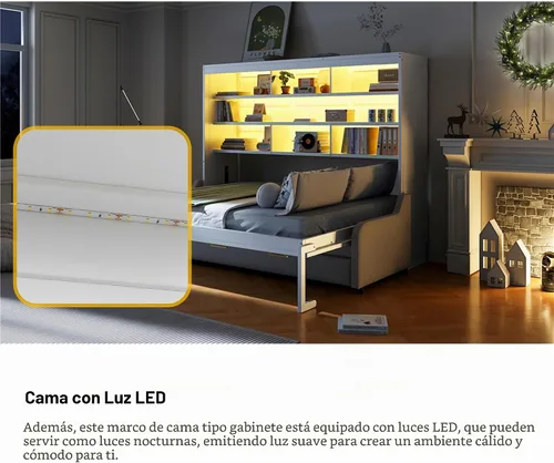Vista 4 de MERITLINE Cama Murphy horizontal completa con sofá y estantes de almacenamiento, luz LED, madera maciza que ahorra espacio, cama de pared Murphy