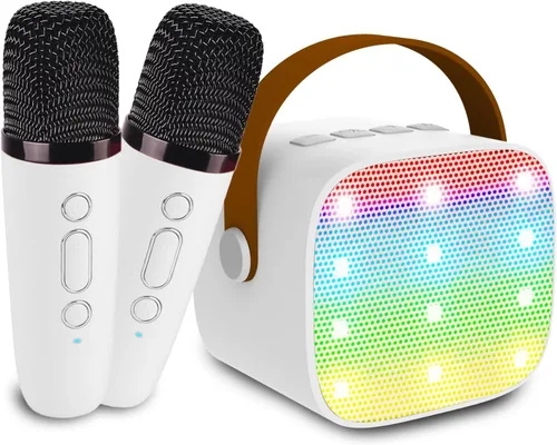 Vista 11 de Mini máquina de karaoke para niños y adultos, juguetes para niños y niñas, regalos para niñas y niños, altavoz Bluetooth con 2 micrófonos Beige