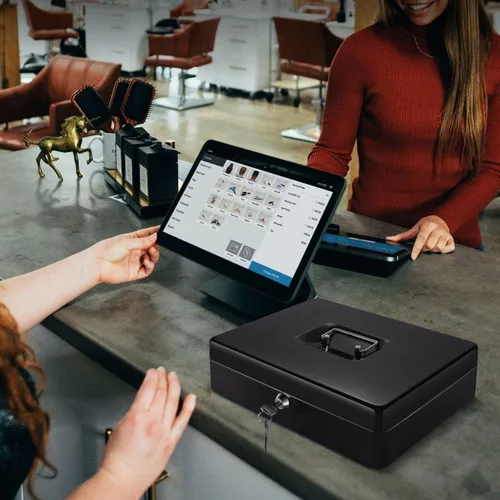Vista 7 de Caja de Dinero Flexzion con Bandeja de Dinero y Cerradura - Caja de Dinero de Metal para Pequeñas Empresas, Caja de Dinero Negra de 9 Compartimentos
