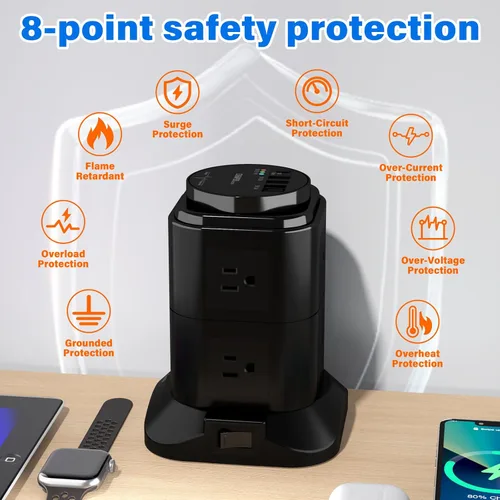 Vista 7 de cable de extensión con temporizador USB, 8 salidas de CA con 4 puertos USB (2 USB C), protector de sobretensiones 1200J de 6.56 pies, cable