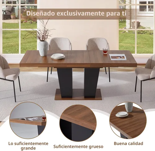 Vista 3 de Mesa de comedor extensible de 63 a 79 pulgadas para 4-8 rectangular de madera expandible con base acanalada para comedor, cocina, sala de estar