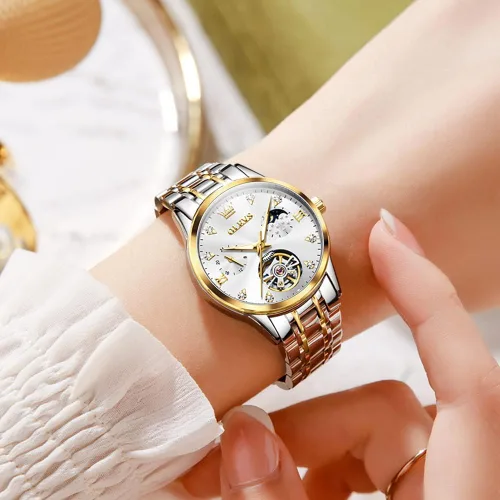 Vista 2 de OLEVS Reloj de pulsera automático para mujer, con diamantes de lujo, cuerda automática, a la moda, impermeable, luminoso