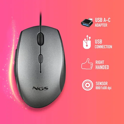 Vista 2 de NGS Moth - Ratón óptico gris con cable USB para computadora con 5 botones silenciosos y desplazamiento, mouse ergonómico, 800/1200/1600 DPI