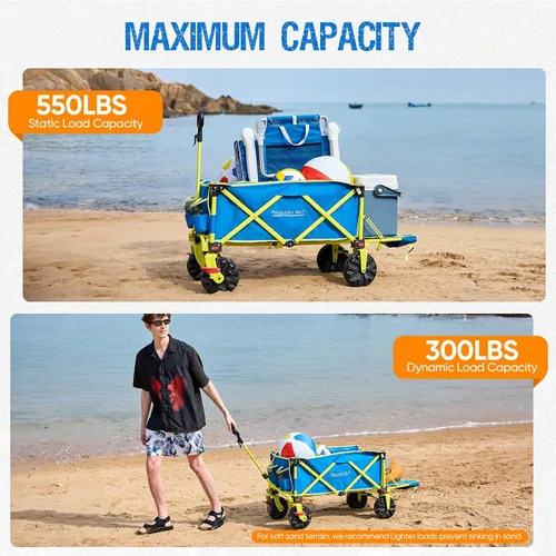 Vista 7 de Old Bahama Bay Carro de Playa Extra Largo de 300lbs 124 cm de Largo con Ruedas Grandes con Freno para Arena, Carro de Playa Plegable Utilitario