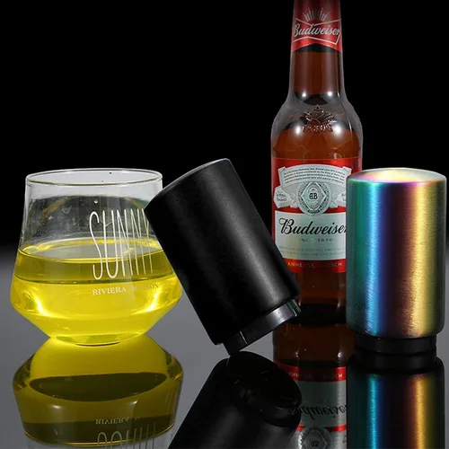 Vista 6 de Regalo del Día del Padre para Papá, abrebotellas YUDANSI Push Down, abridores automáticos de cerveza, removedor de tapas de botella de acero Negro