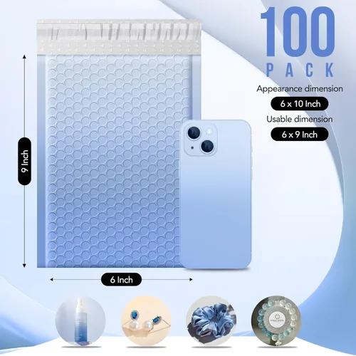 Vista 2 de Fuxury - Sobres autosellables con burbujas de 6 x 10", paquete de 100 unidades, sobres acolchados de gradiente azul de tamaño utilizable 6 x 9
