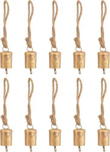Vista 11 de Juego de 10 cascabeles y campanas de vaca doradas rústicas para manualidades, juego de cencerros pequeños vintage de 3.15 pulgadas con cuerda de Oro