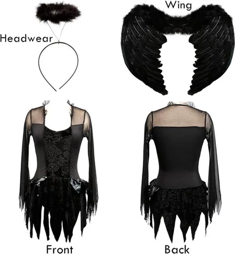 Vista 7 de Mannice Disfraz de ángel caído de Halloween, alas de plumas negras, para cosplay, halo para mujer