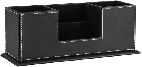 Vista 5 de KINGFOM Organizador de escritorio para suministros de oficina, caja de almacenamiento de piel sintética, 4 compartimentos divididos para bolígrafos