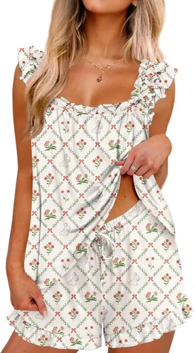Vista 14 de Ekouaer Conjunto de pijama para mujer, conjunto de 2 piezas con volantes, camiseta sin mangas suave y pantalones cortos, conjunto de pijama de novia