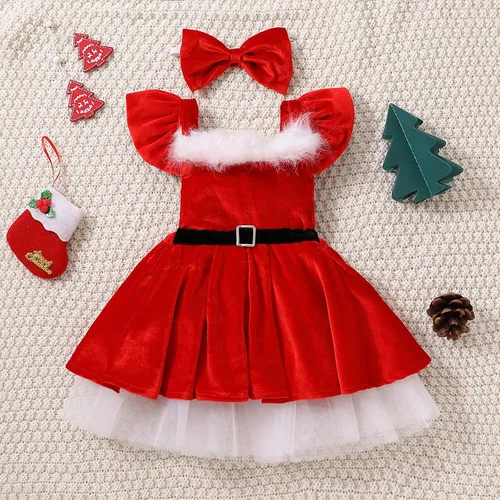 Vista 3 de ZIYIXIN Vestido de terciopelo de Navidad para niña pequeña, vestido de tul de princesa roja con sombrero de Papá Noel, trajes lindos para fiesta