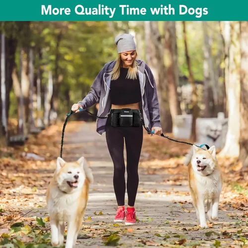 Vista 6 de PetAmi Correa de perro manos libres premium para 2 perros, correa de cinturón ajustable para caminar con perro, bolsa de accesorios de mochila