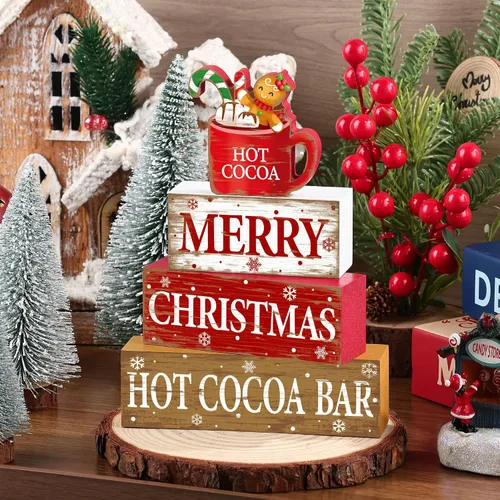 Vista 4 de 4 piezas de decoración de mesa de madera de Navidad rústica de cacao caliente, letrero de bloque de madera de cacao caliente, centro de mesa
