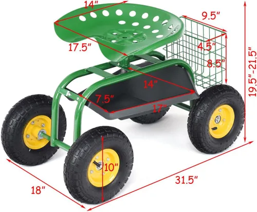 Vista 3 de Giantex Asiento de trabajo de jardín rodante, asiento de trabajo de jardinería giratorio 360 con ruedas, cesta de herramientas, altura ajustable