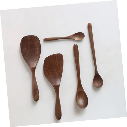 Vista 5 de SHERCHPRY Juego de 5 cucharas de madera de nogal negro para servir, cucharón de arroz con miel, herramienta de cocina