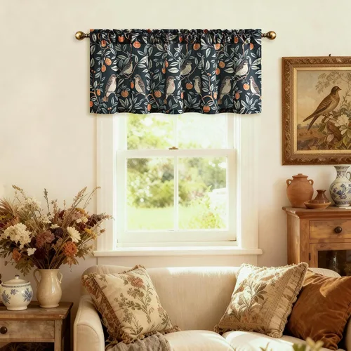 Vista 17 de VOGOL Cenefa de pájaro y bayas, decoración clásica de ventana de campo americano con estampado botánico, cortina de bolsillo para barra fácil