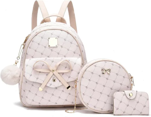 Vista 10 de I IHAYNER Mochila de cuero de moda de 3 piezas con lazo para niñas, mochila, bolso para mujer, mochila para damas, bolsa de hombro Beige