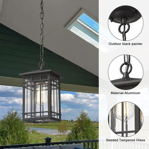 Vista 3 de Iluminación colgante para exteriores, farol colgante exterior, porche de granja, luces colgantes con vidrio sembrado en acabado negro, lámpara