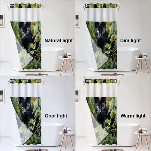 Vista 6 de Shrahala Black Cat Green Foliage Shower Curtain with Snap in Liner Set, Cat Surrounded By Leaves No Hooks Stall Curtain Waterproof for Bathtubs