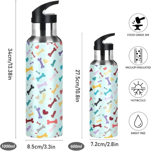 Vista 2 de Stainless Steel Vacuum Insulated Water Bottle 32 Oz, Leakproof Water Bottles for Gym Outdoor Travel School, Colorful Dog Bone Heart