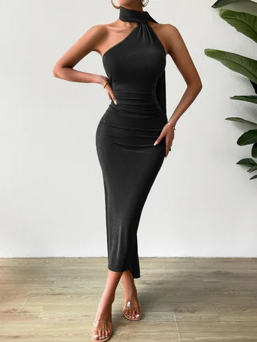 Vista 5 de OYOANGLE Vestido largo bodycon sin mangas para mujer, sin espalda, fruncido, para invitadas de boda