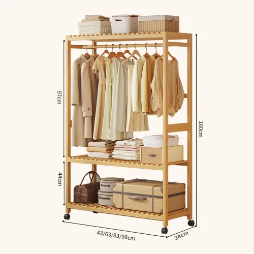 Vista 2 de Wooden Clothes Rail with Shelves,Bamboo Clothes Rack,Portable Open Wardrobe,Free Standing Clothes Rails for Bedroom,Garment Rack with 2 Storage