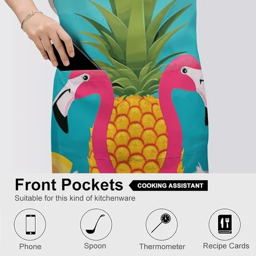 Vista 5 de MUSM Apron for Adults - 27.6 X 31.5 Inch, Heavy-Duty Polyester Aprons with Two Large Pockets, Waterproof Pineapple Flamingo Kitchen Apron for