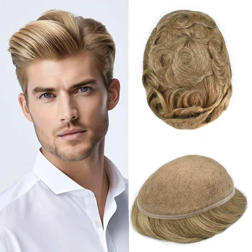 Vista 70 de Peluca de cabello humano con encaje completo, línea capilar real, para hombre, peluca de cabello con nudo blanqueado, pieza de pelo para hombres