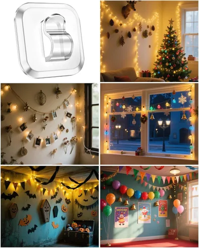 Vista 7 de ispneay 100 mini ganchos de luz con tiras adhesivas: clips de luz pequeños transparentes para interiores, sin daños, gancho de pared de plástico