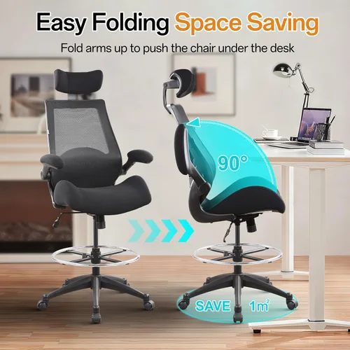 Vista 6 de BOLISS Silla de oficina alta de dibujo, 400 libras, respaldo alto, silla de escritorio ancha cómoda con reposabrazos abatibles, soporte lumbar, Negro