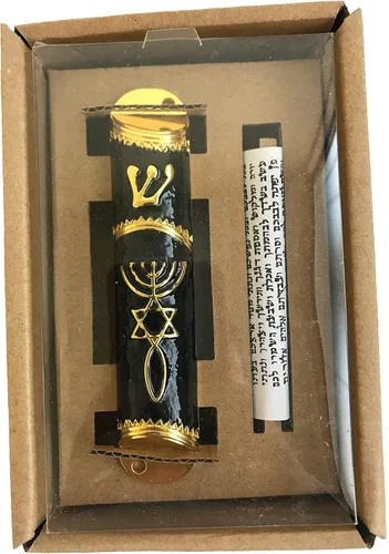 Vista 2 de Holy Land Market Sello Mesiánico - Funda para mezuzá de 4 pulgadas con pergamino incluido, mezuzá judía pequeña (negro - marco dorado)