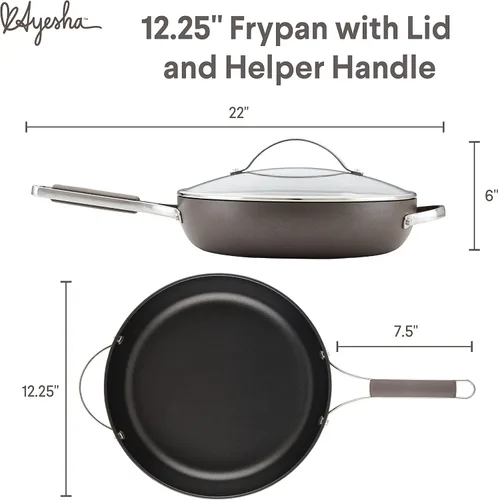 Vista 2 de [Usado] Ayesha Curry Kitchenware 80293 - Sartén profesional anodizada dura antiadherente con tapa y mango auxiliar, 12.25 pulgadas, color carbón