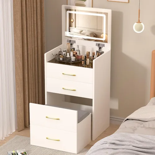 Vista 11 de Runboll 3 in 1 Small Vanity Desk with Open Top Mirror, Small Dressing Table with Visible Glass Desktop, Compact Makeup Vanity with 3 Drawers