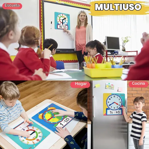 Vista 7 de Reloj magnético grande de aprendizaje de borrado en seco para niños que aprenden a decir la hora, demostración de 12 pulgadas, reloj analógico