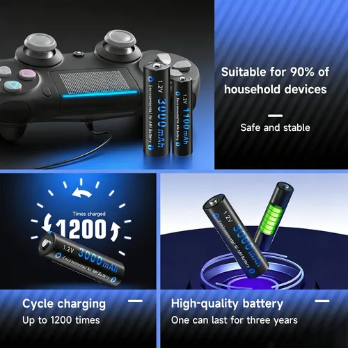 Vista 6 de CITYORK Baterías recargables con cargador, paquete de 8 pilas AA 3000mAh y 8 unidades AAA1100mAh Ni-MH con cargador inteligente LCD de 8 bahías