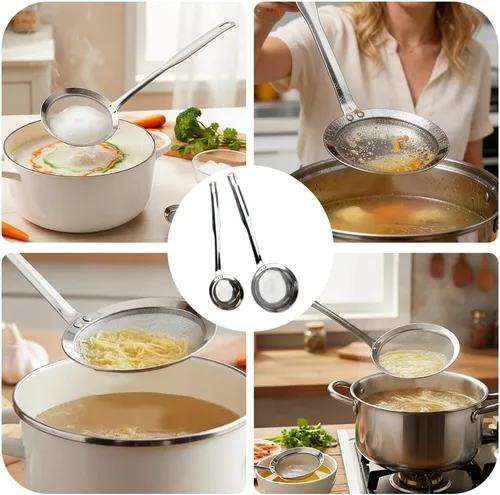 Vista 5 de Colador de acero inoxidable de malla fina, filtro de acero inoxidable 2025, colador de red de cocina multifuncional duradero (juego de 2 piezas)