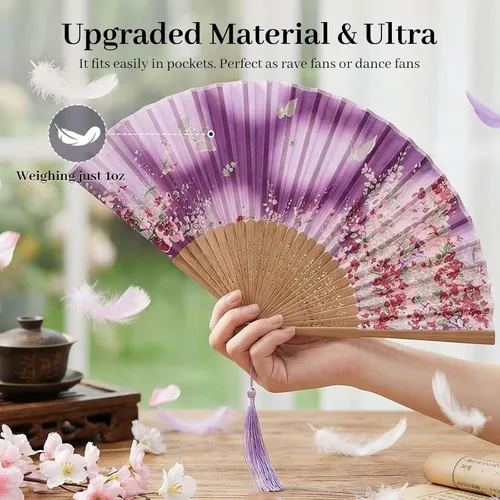 Vista 3 de JOHOUSE 4 abanicos plegables de tela floral con borla, elegantes abanicos de boda para invitados, ventilador plegable chino, ventilador de mano
