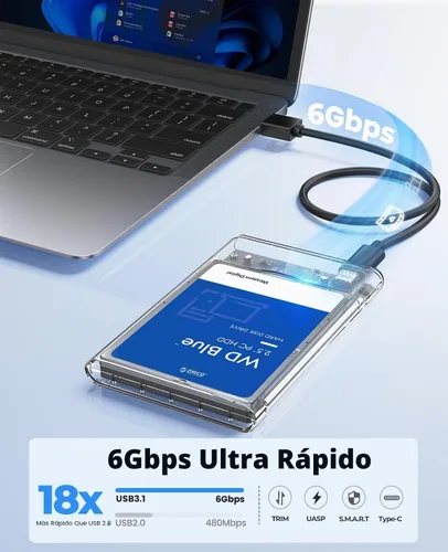 Vista 2 de ORICO Caja de disco duro externa de 2.5 pulgadas, SATA a USB C 3.1 de 6Gbps, para HDD/SSD de 7/9.5mm, soporte UASP hasta 6TB -2139C3-CR