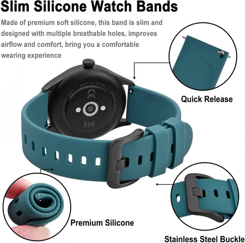 Vista 50 de BISONSTRAP Correas de reloj de silicona, correas de reloj delgadas con liberación rápida, 0.787 in, negro con hebilla negra