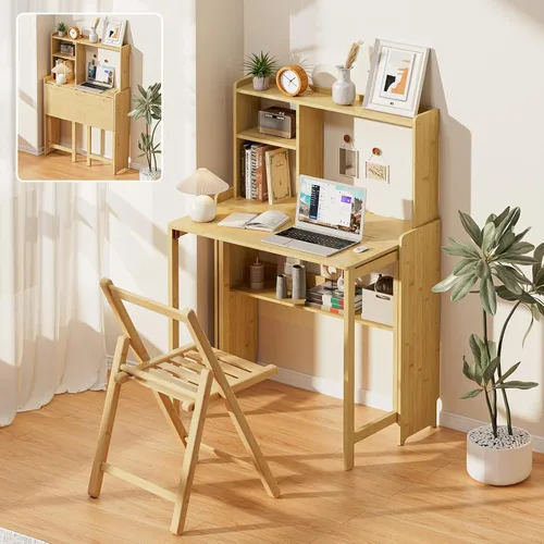 Vista 10 de Escritorio plegable de bambú de 31.1 pulgadas con estantería, escritorio compacto para computadora para espacios pequeños, escritorio plegable