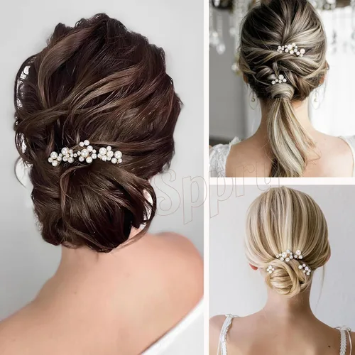Vista 4 de Juego de 9 horquillas de boda con perlas en forma de U para mujeres nupciales (dorado) Diseño único, accesorios elegantes para el cabello
