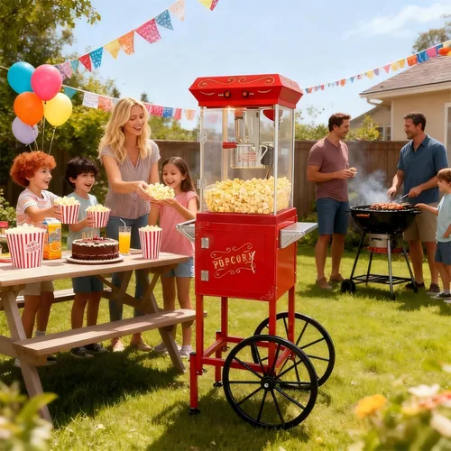 Vista 2 de Máquina de palomitas de maíz de 8 onzas con carrito y ruedas, máquina para hacer palomitas de maíz, estilo cine para el hogar, fiestas, Navidad, uso